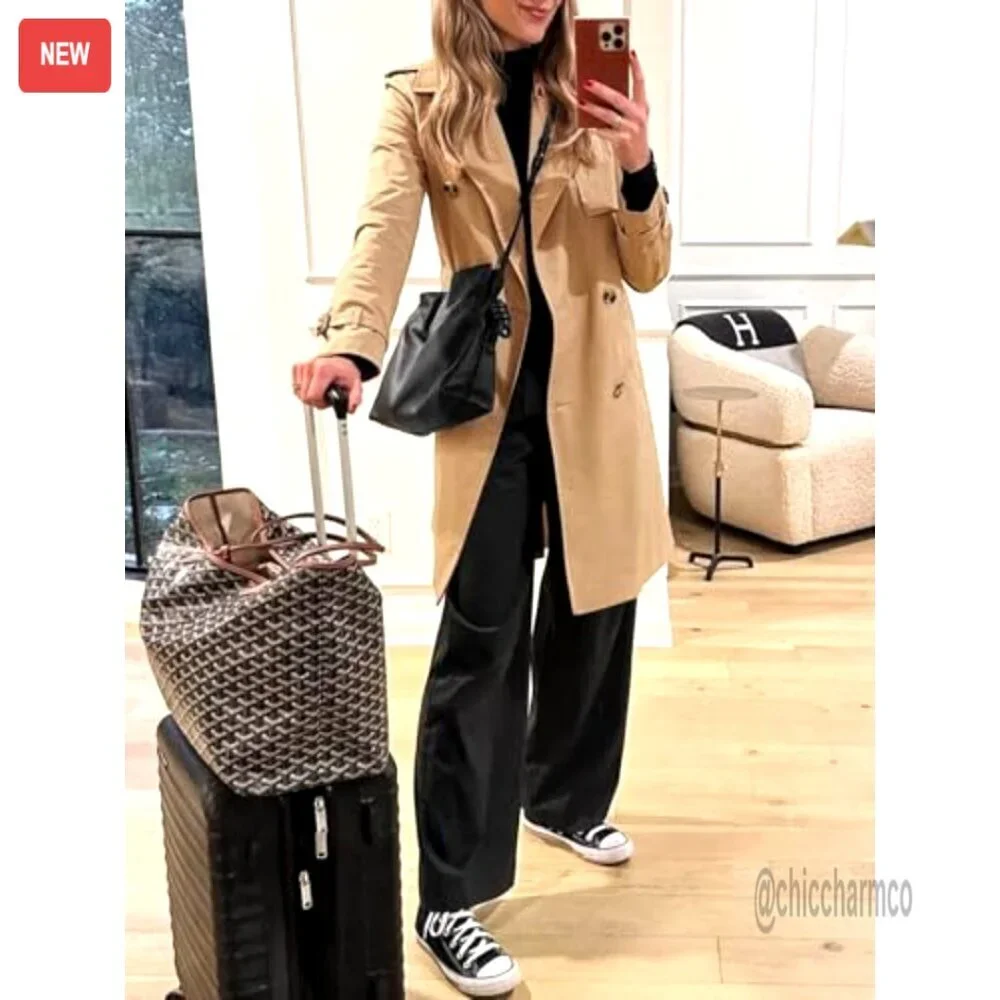 Long Trench Coat Double Breasted Classic Lapel Overcoat with Belt - Picture 4 of 7